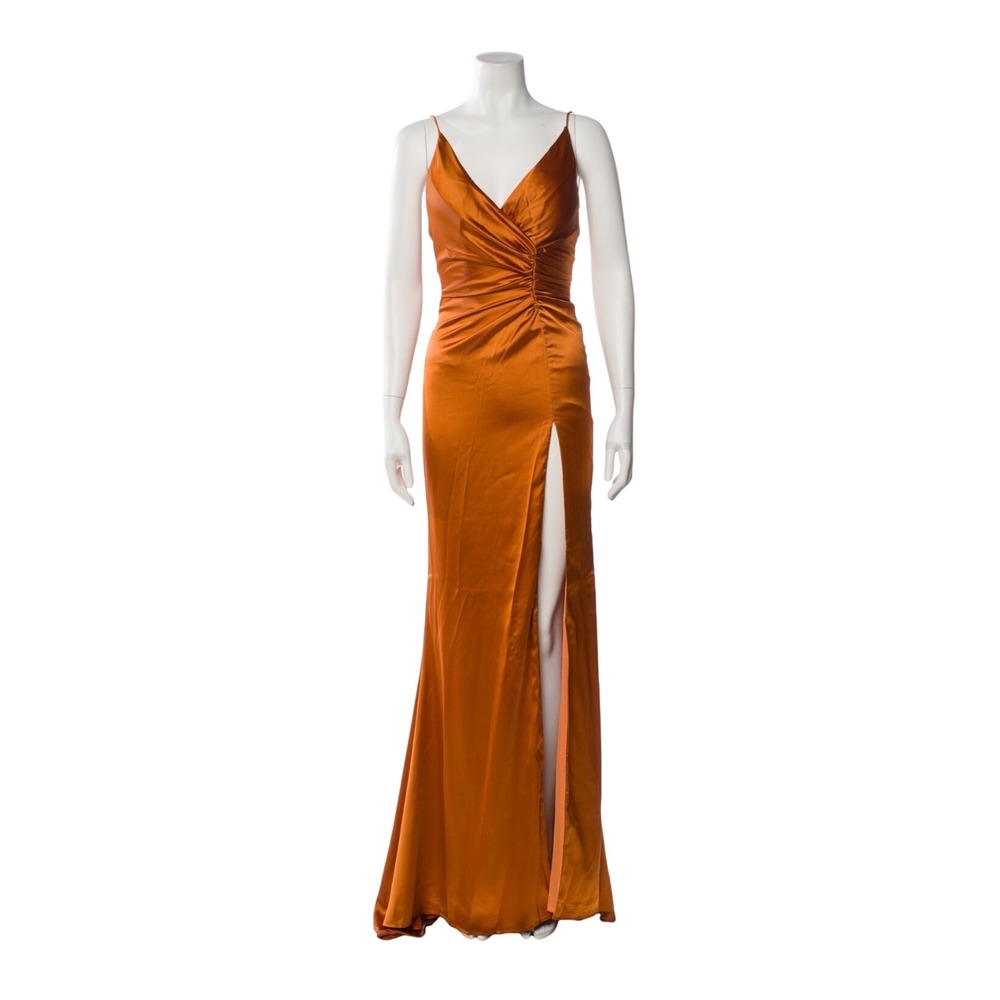 Portia & Scarlett Hugo Gown Burnt Orange Satin V-Neck Slit Formal Dress Size 2